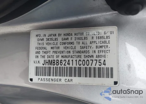 2001 Honda Prelude z USA, uszkodzony, nr VIN JHMBB62411C007754